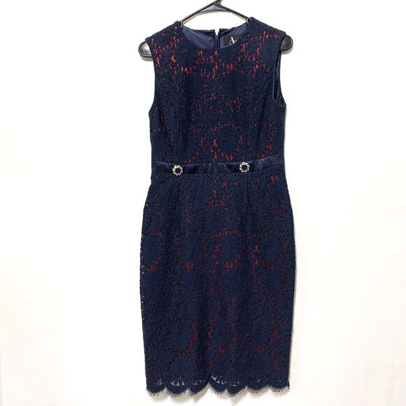 Algo Dress Dress Navy Blue Red Lace Overlay Sleeveless Wool Silk Blend Size P - Picture 1 of 16